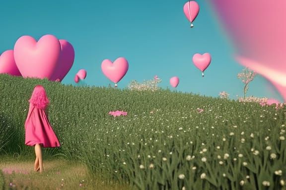 Girl with Pink Hair in Fairycore Pink Landscape