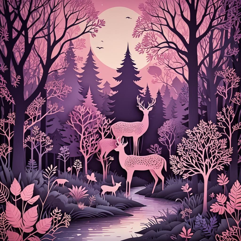 Twilight Forest in Paper-Cut Style Illustration