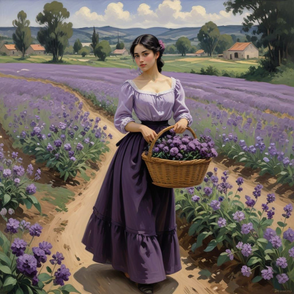 Young Colombian Woman in a Field of Purple Flowers, in the S...