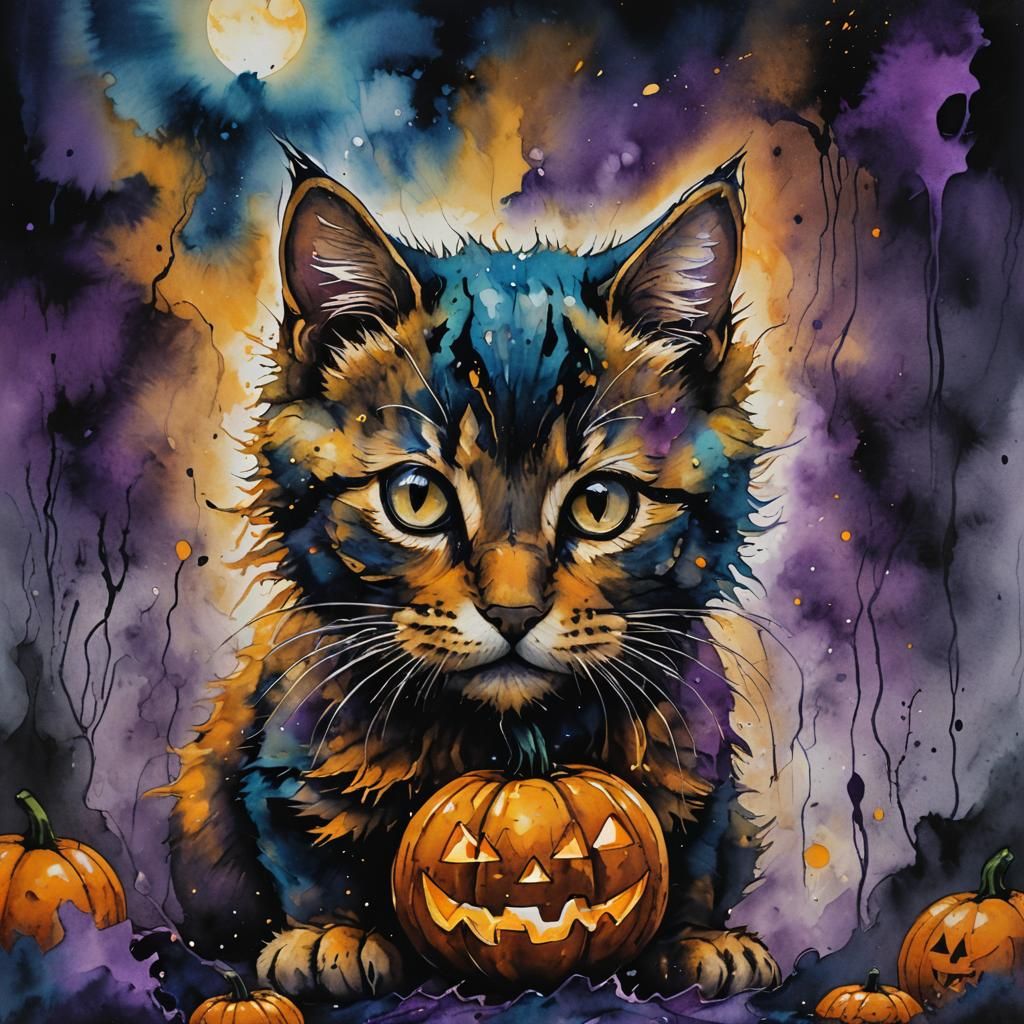 Kitten and Jack'o Lantern in Abstract Expressionism