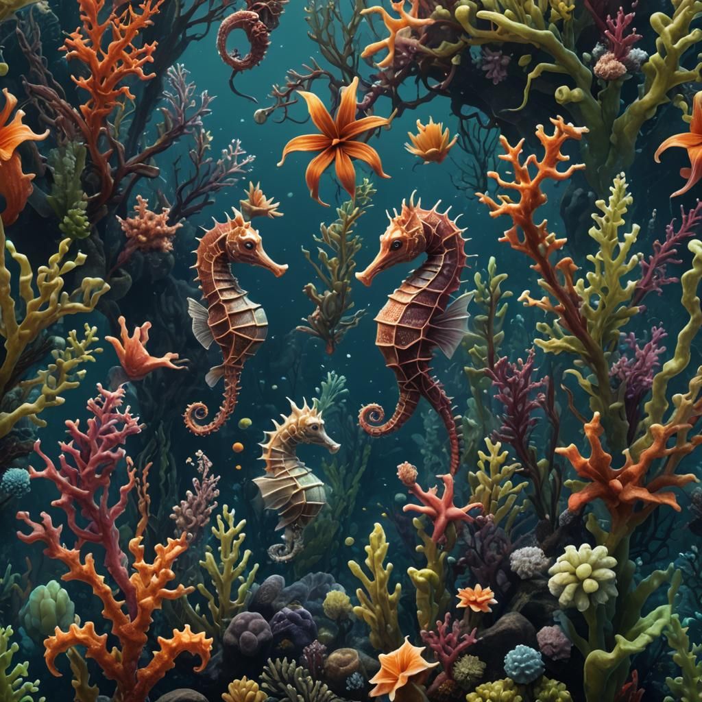 Detailed Undersea Scene with Seahorses in Deep Color