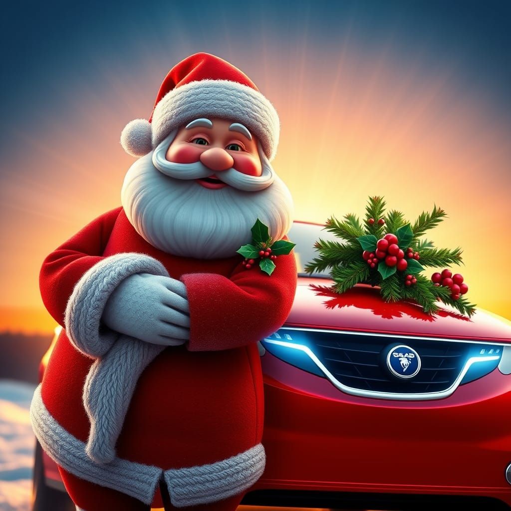 Jolly Santa Claus Surrounded by Vibrant Red Saab and Holly