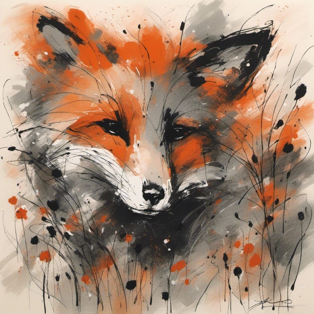 Charcoal Fox in Garden with Minimalist Ink