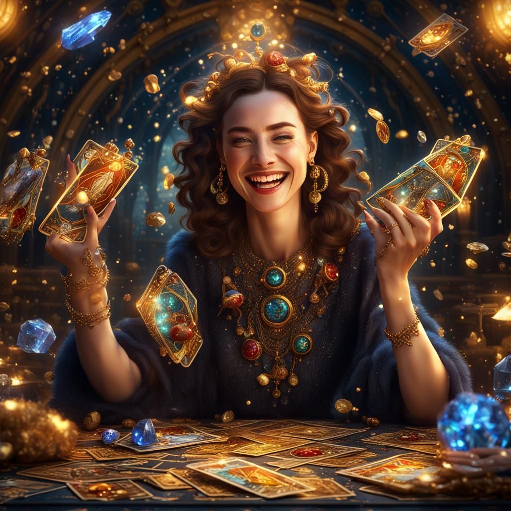 Laughing Woman with Tarot Cards and Fairies