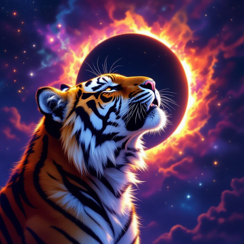 Astral Tiger Howling at Celestial Eclipse in Digital Paintin...