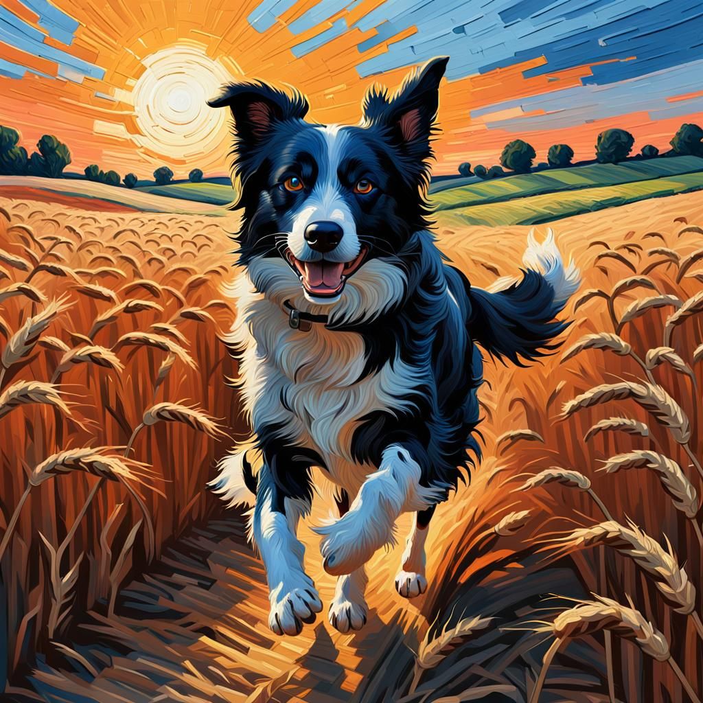 Surreal Border Collie Runs Through Vibrant Wheat Field at Su...