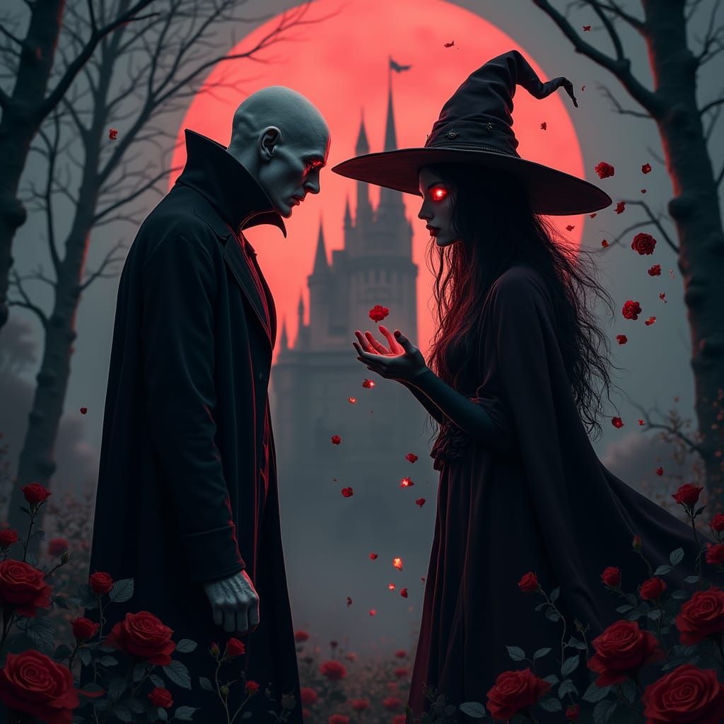 Gothic Vampire Meets Mysterious Witch in Dark, Moonlit Fores...
