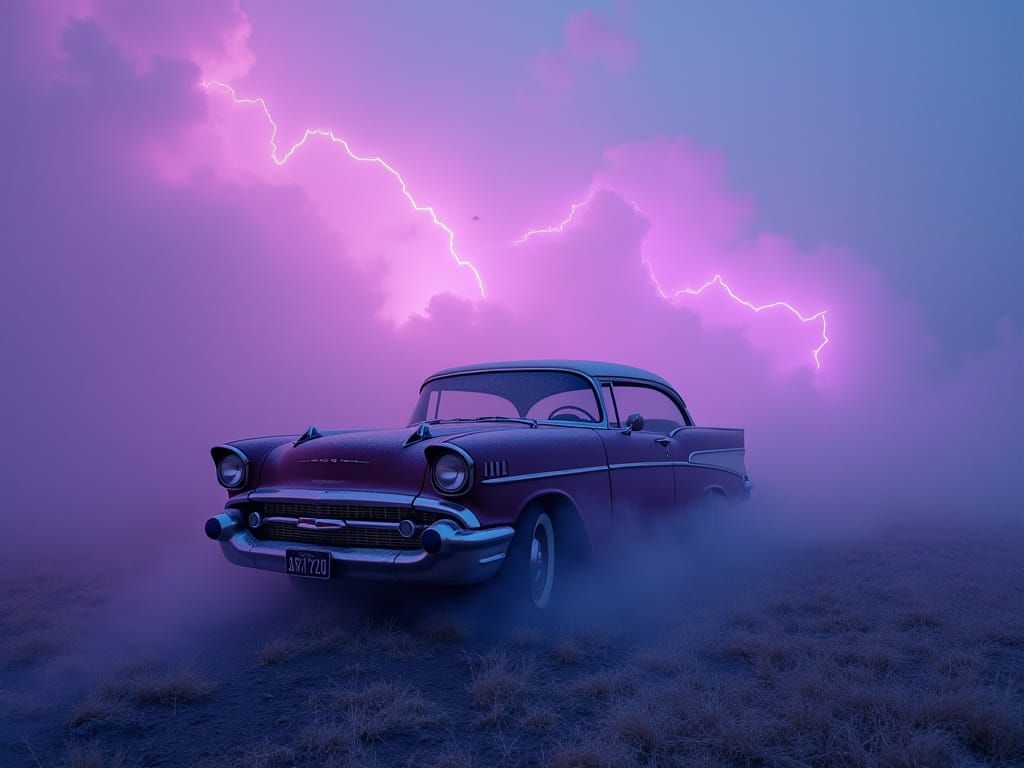 Frosted Vintage Car with Purple Glow Amidst Melting Clouds