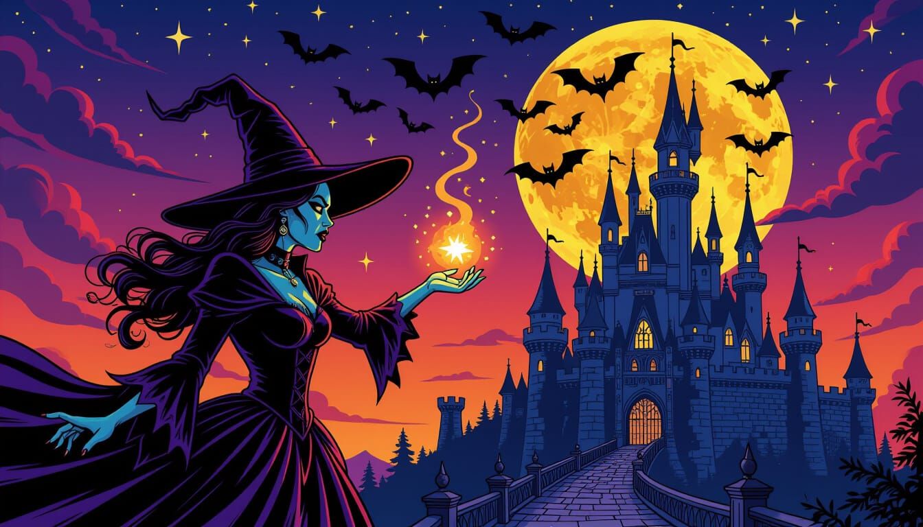 Gothic Witch Spellcasting by Castle in Comic Book Style