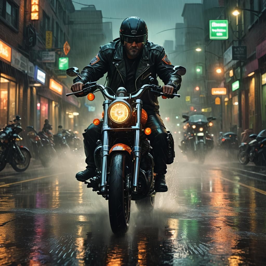 Biker on Harley Davidson Rides Rainy Night Road