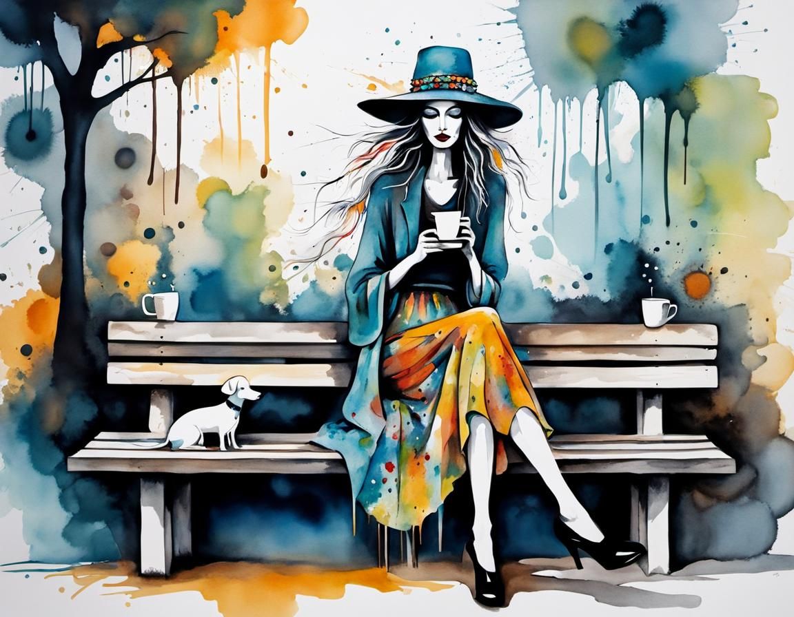 Abstract Expressionist Woman with Coffee and Dog