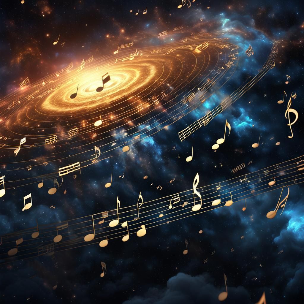 Music Notes in Space with Baroque Engravings