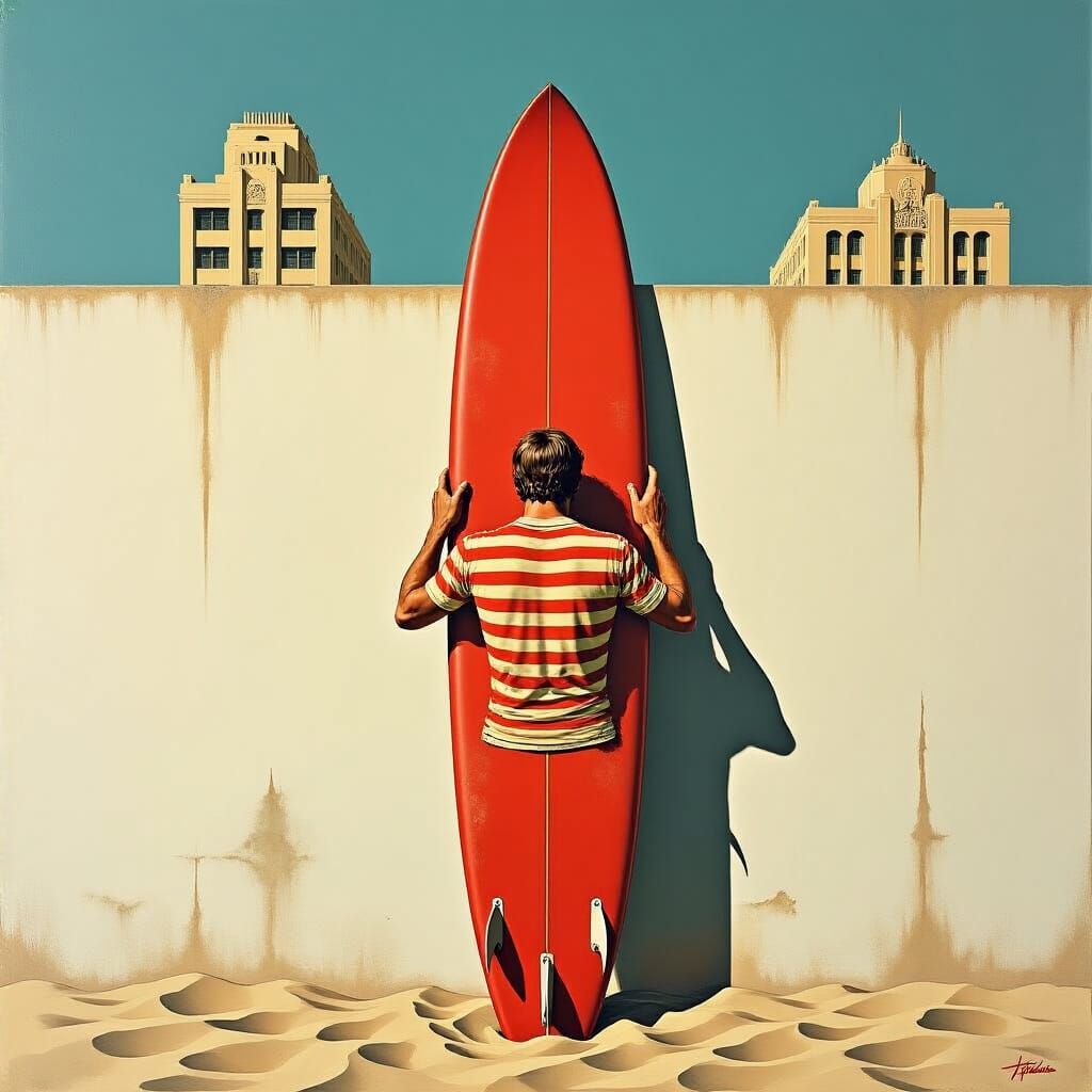 Surfer with Vintage Board in Art Deco Setting