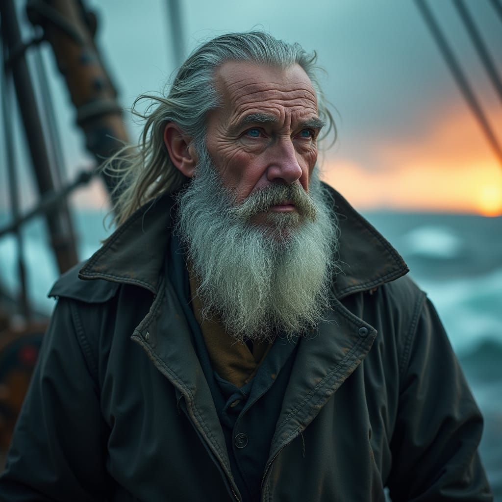 Old Sea Captain in Storm, Hyperrealistic Style