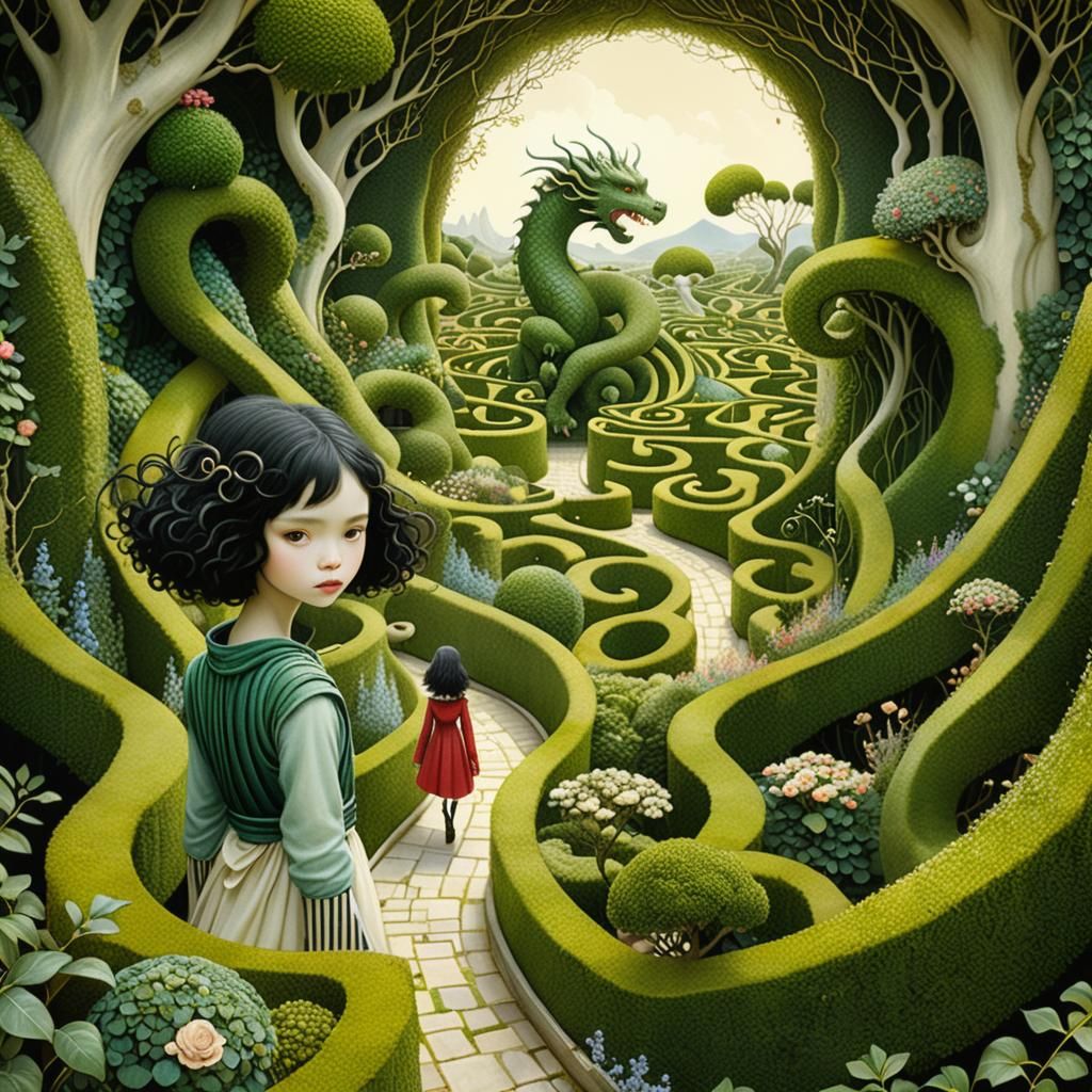 Surreal Garden Maze Journey with Dragons