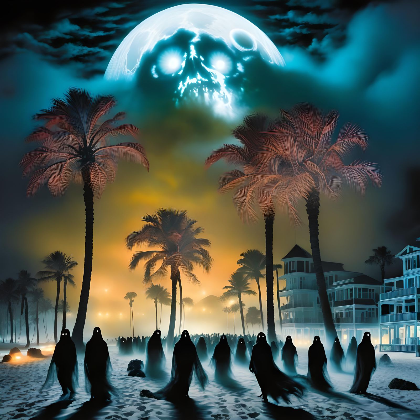 Bioluminescent Ghosts Emerging from Misty Beach