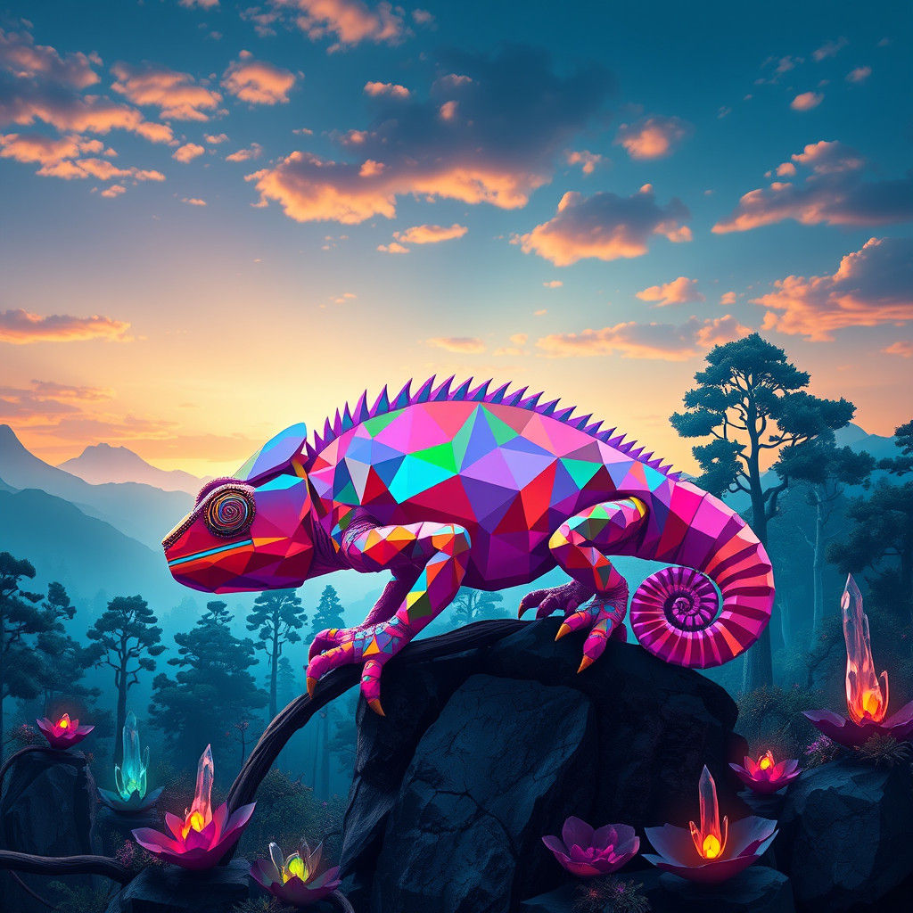 Polygonal Chameleon in Mystical Forest, Geometric Art