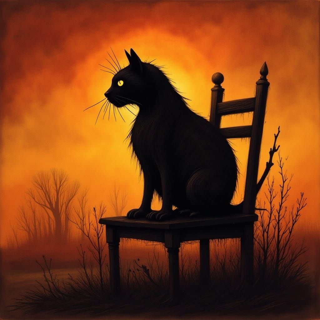 Cat Silhouetted Against Fiery Sunset in Romantic Style