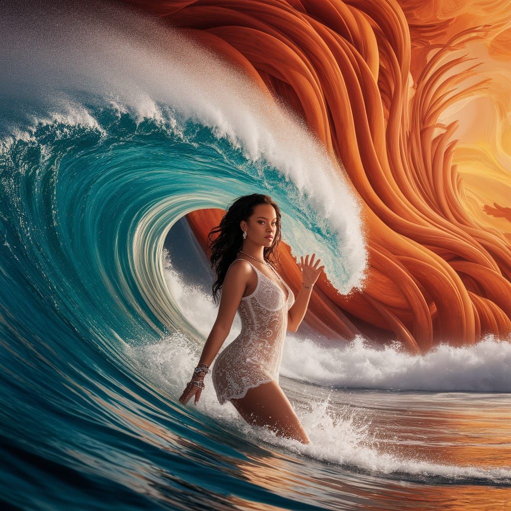 Rihanna Emerges from Wave in Art Nouveau Style