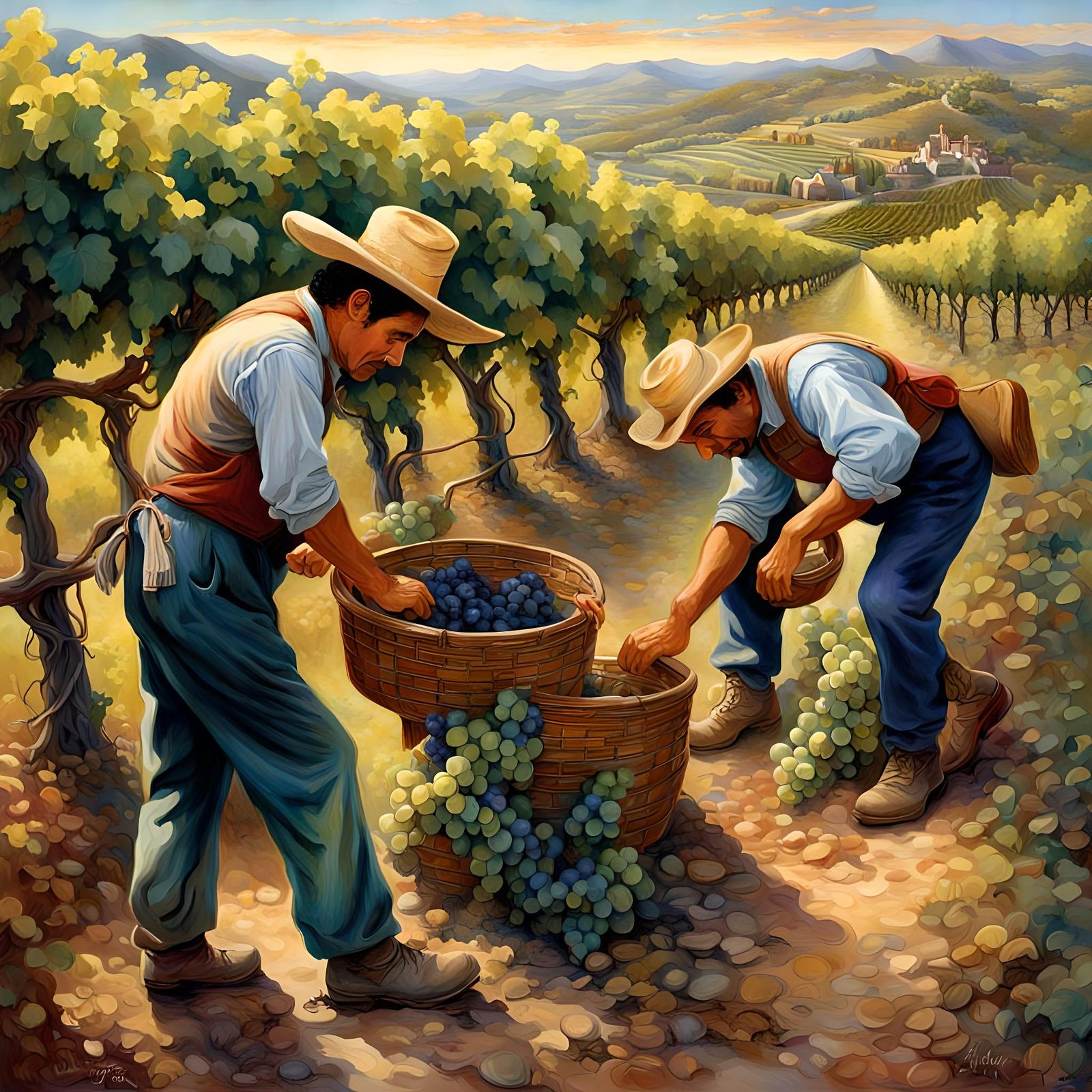 Mexican Vineyard Workers: A Retro Hyperrealistic Illustratio...
