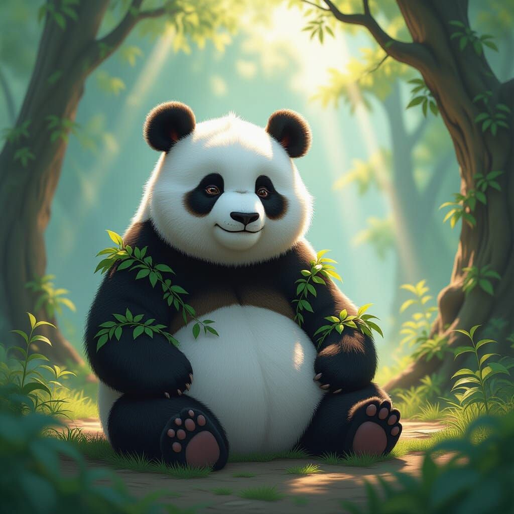 Wise Panda Meditating in Sunlit Ancient Forest