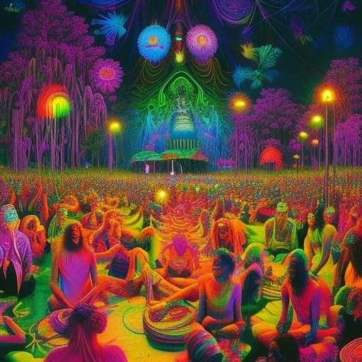 Psychedelic Hippie Gathering in Hyperrealistic Detail
