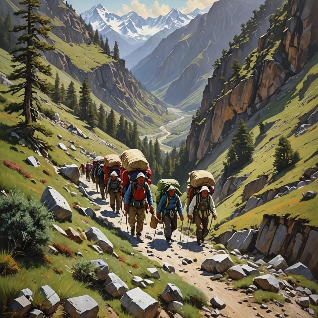 Sherpas on Mountain Trails as Oil Painting