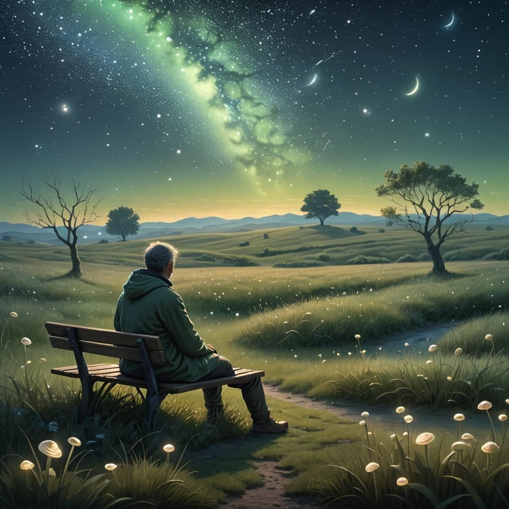 Man Contemplates Starry Sky in Dreamlike Landscape