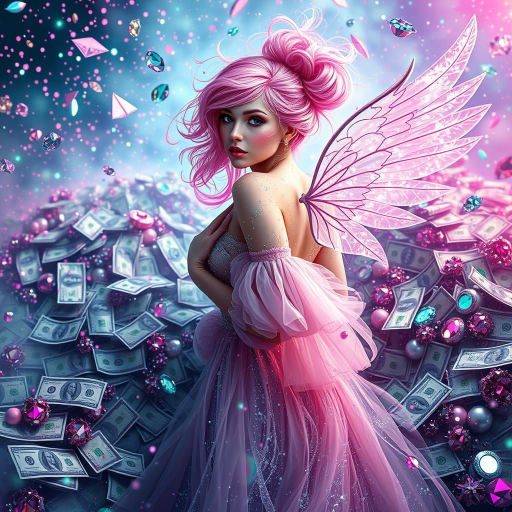 Pink-Haired Woman in Glittering Cash Collage