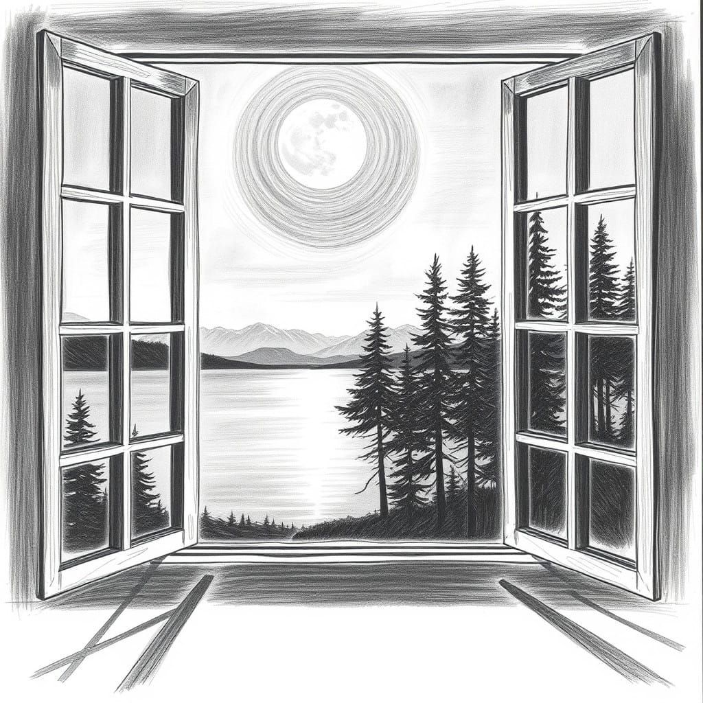 Majestic Forest Landscape at Dusk in Charcoal Pencil Style