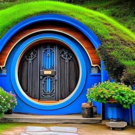 Beautiful hobbit house with Circular blue door& Circular blue windows& hobbit vibes& fantasy vibes& dark fantasy vibes& ...