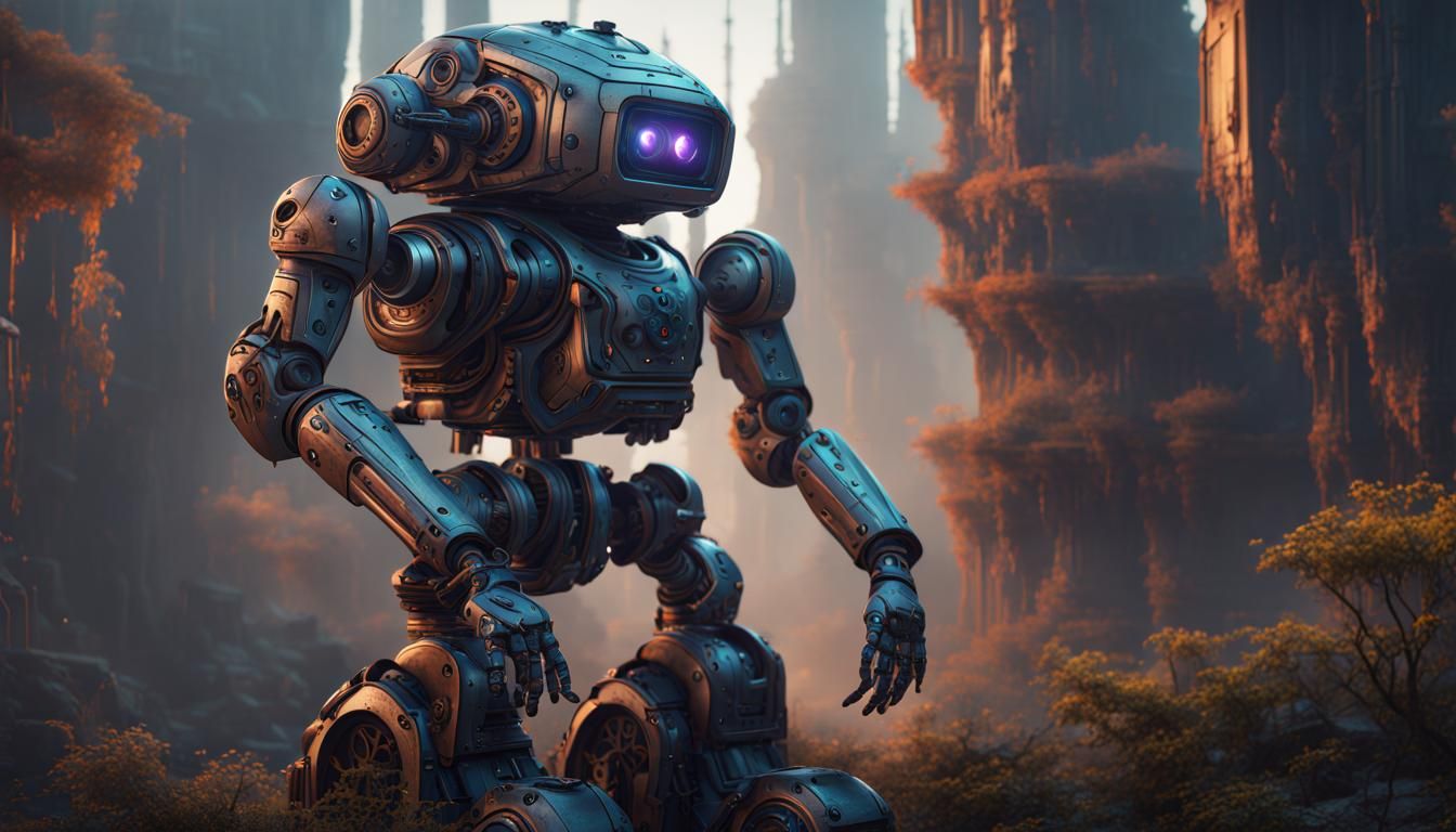 Intricate Robot Deep in Thought: Matte Painting