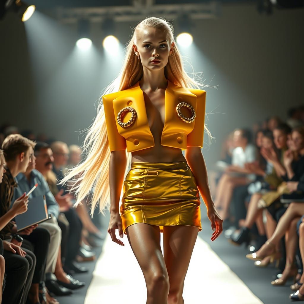 Confident Supermodel Struts Down Runway in Whimsical Cheese-...