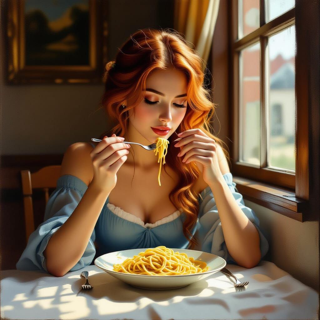 Woman Eating Pasta in Warm Light, Painterly Style