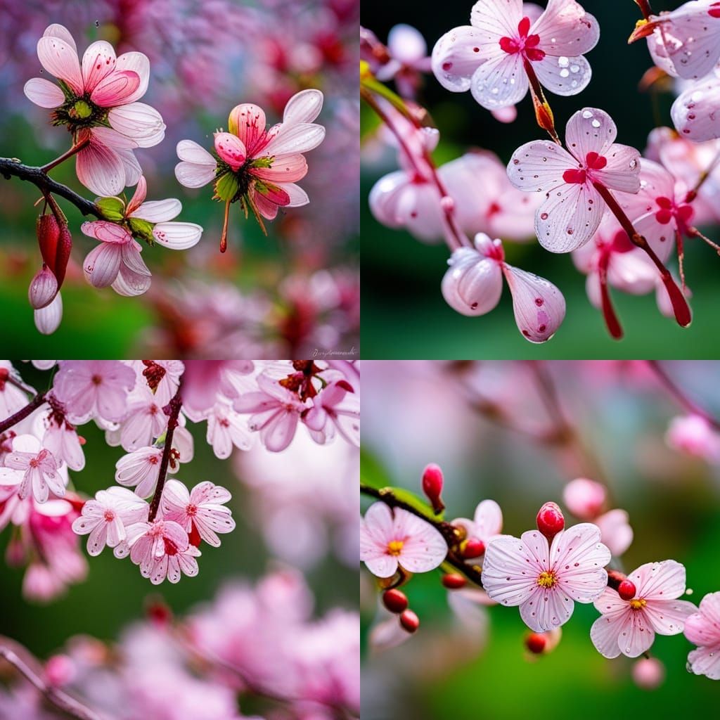 Raindrops on Crystal Cherry Blossoms in Opulent Garden