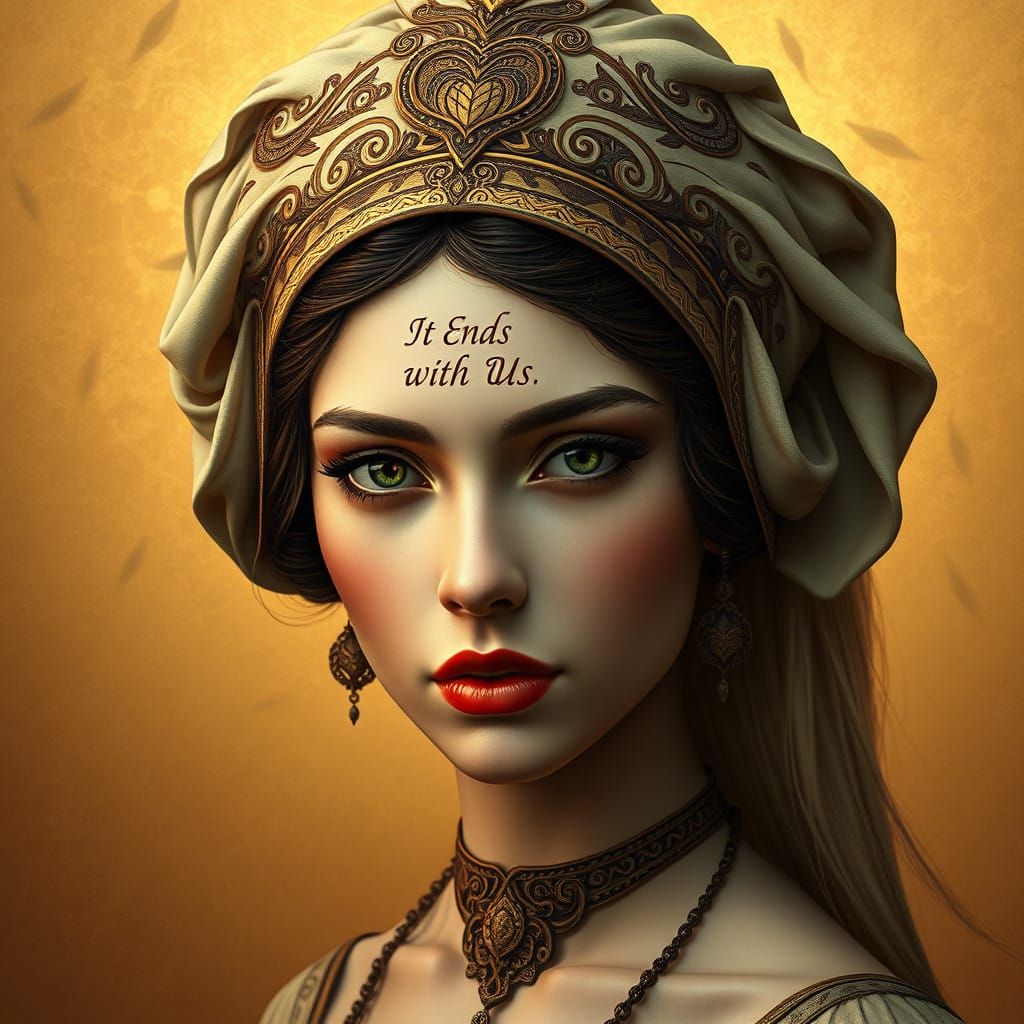 Regal Woman in Art Nouveau-Inspired Headdress with Golden Ba...