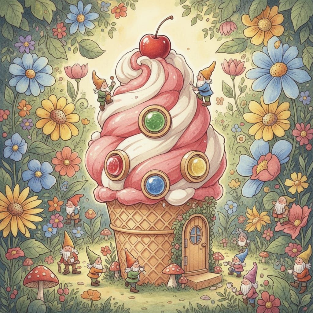 Whimsical Ice Cream Cone House in Enchanted Garden