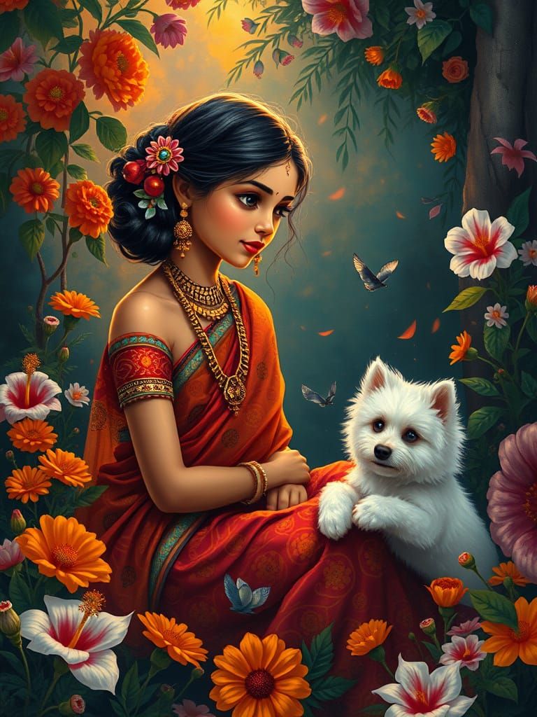 Serenely Adorned Indian Goddess in a Whimsical Garden of Col...