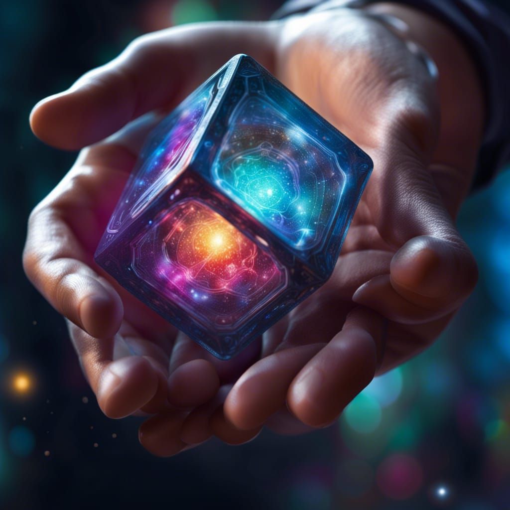 Hyperrealistic Tesseract Floating in Open Hand