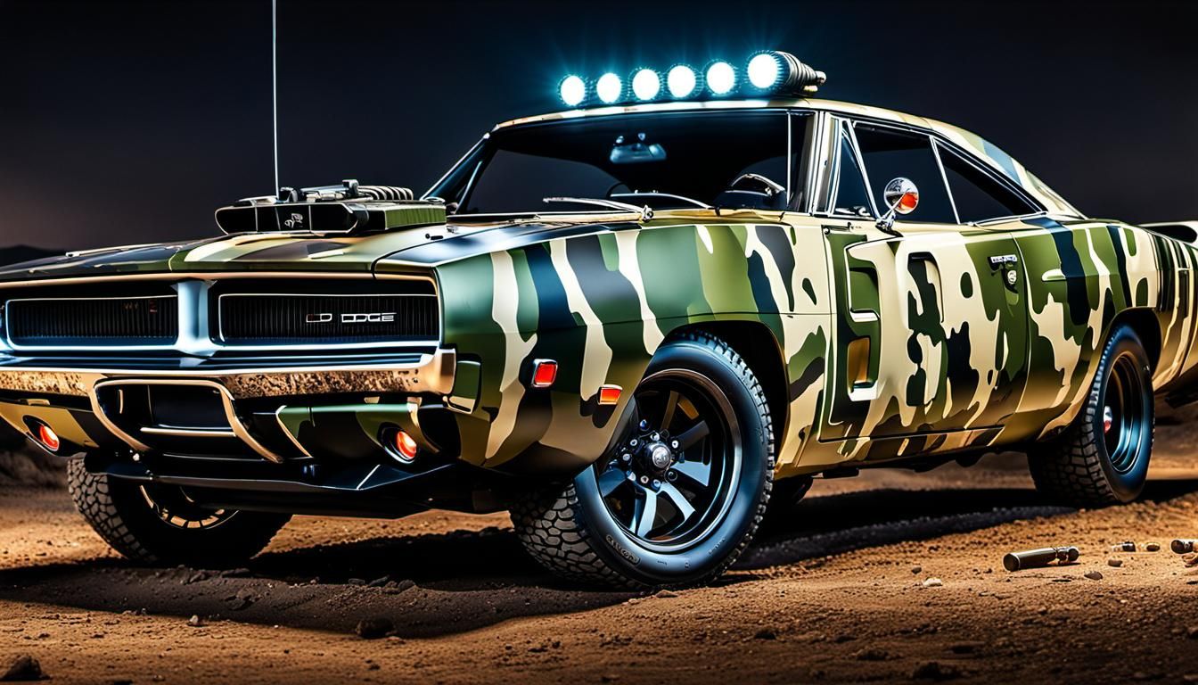 Camouflaged Dodge Charger in War Zone, Hyperrealistic Art