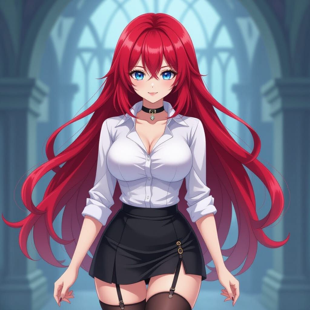 Anime-Style Woman with Flowing Red Hair