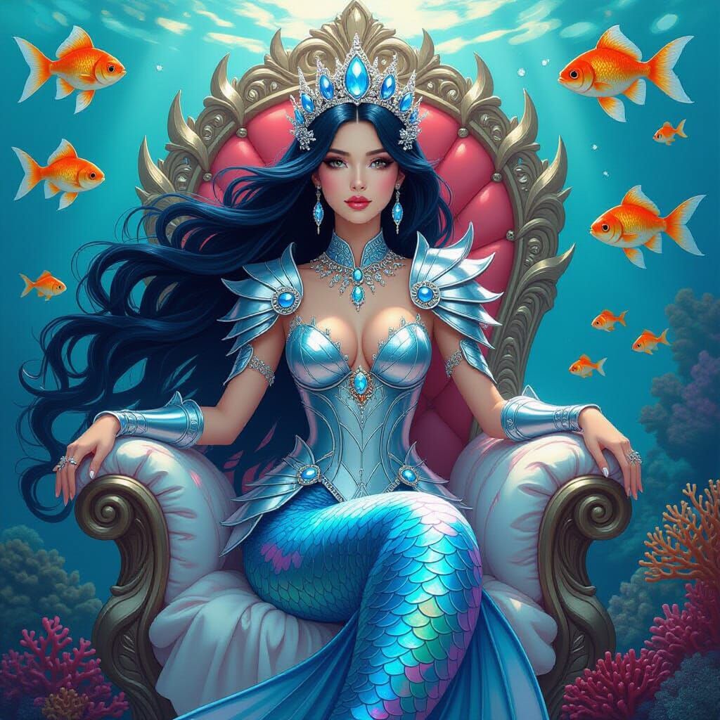 Mermaid Queen on Coral Throne, Dreamy Art