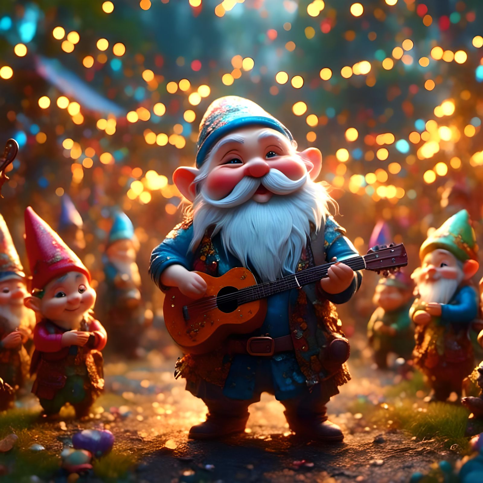 Gnome Music Festival Under Fairy Lights: Hyperrealistic Art