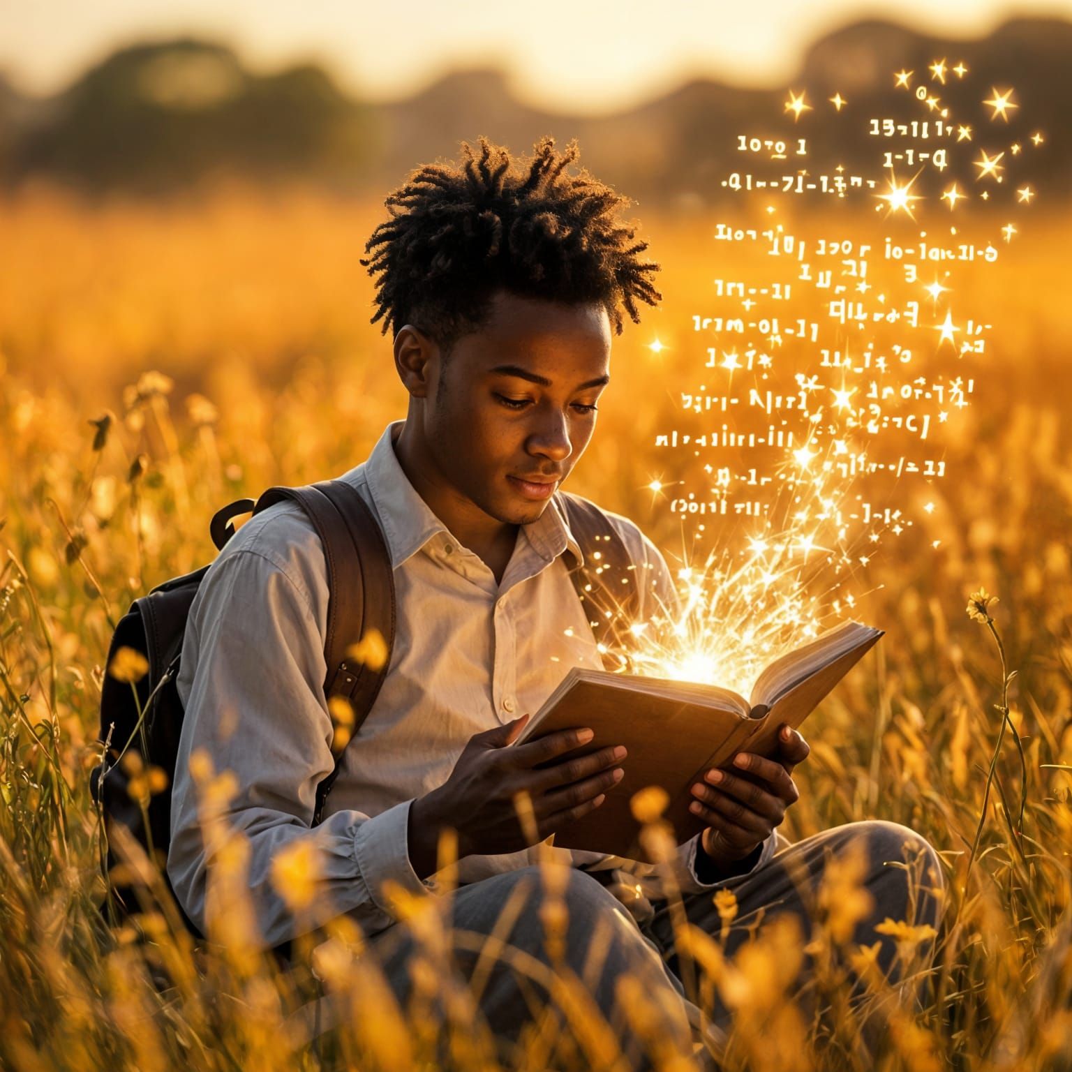 African Student Opens Cahier, Radiant Knowledge Emerges