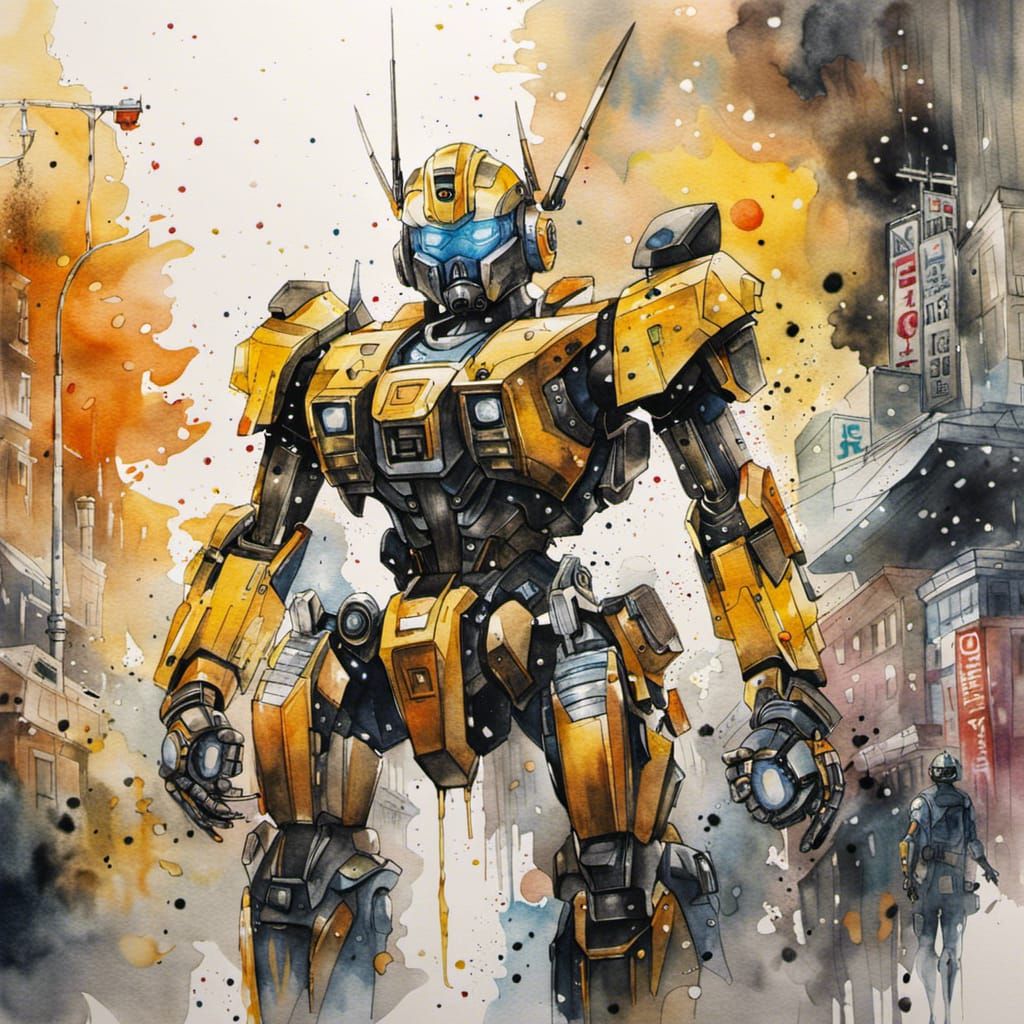 Detailed Mecha Robot in Tokyo Watercolor