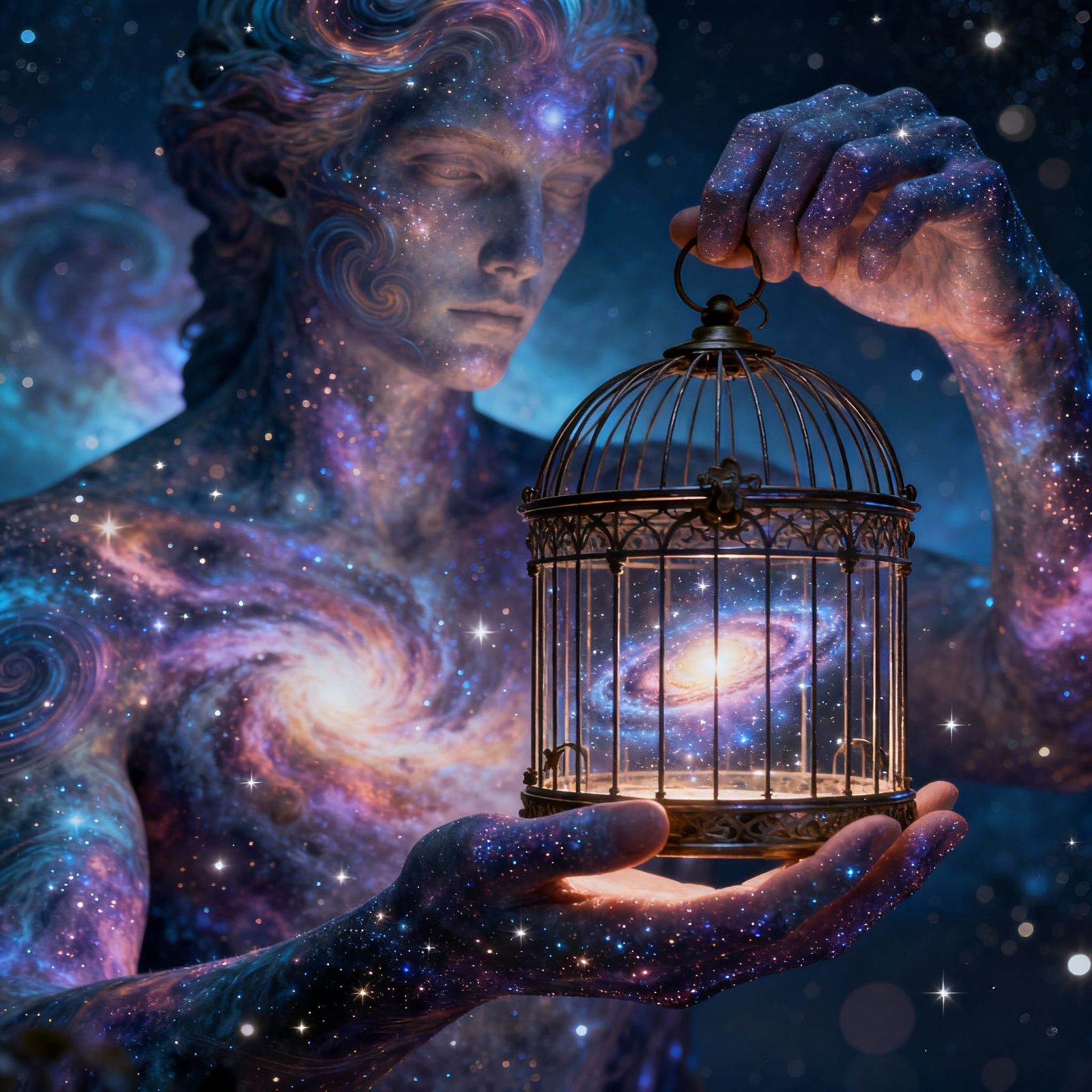 Cosmic Being Holds Universe in Birdcage