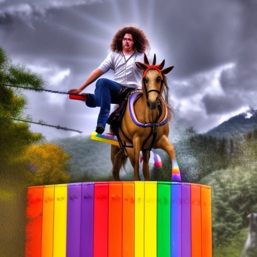 Teacher Rides Unicorn on Rainbow Rail: Hyperrealistic