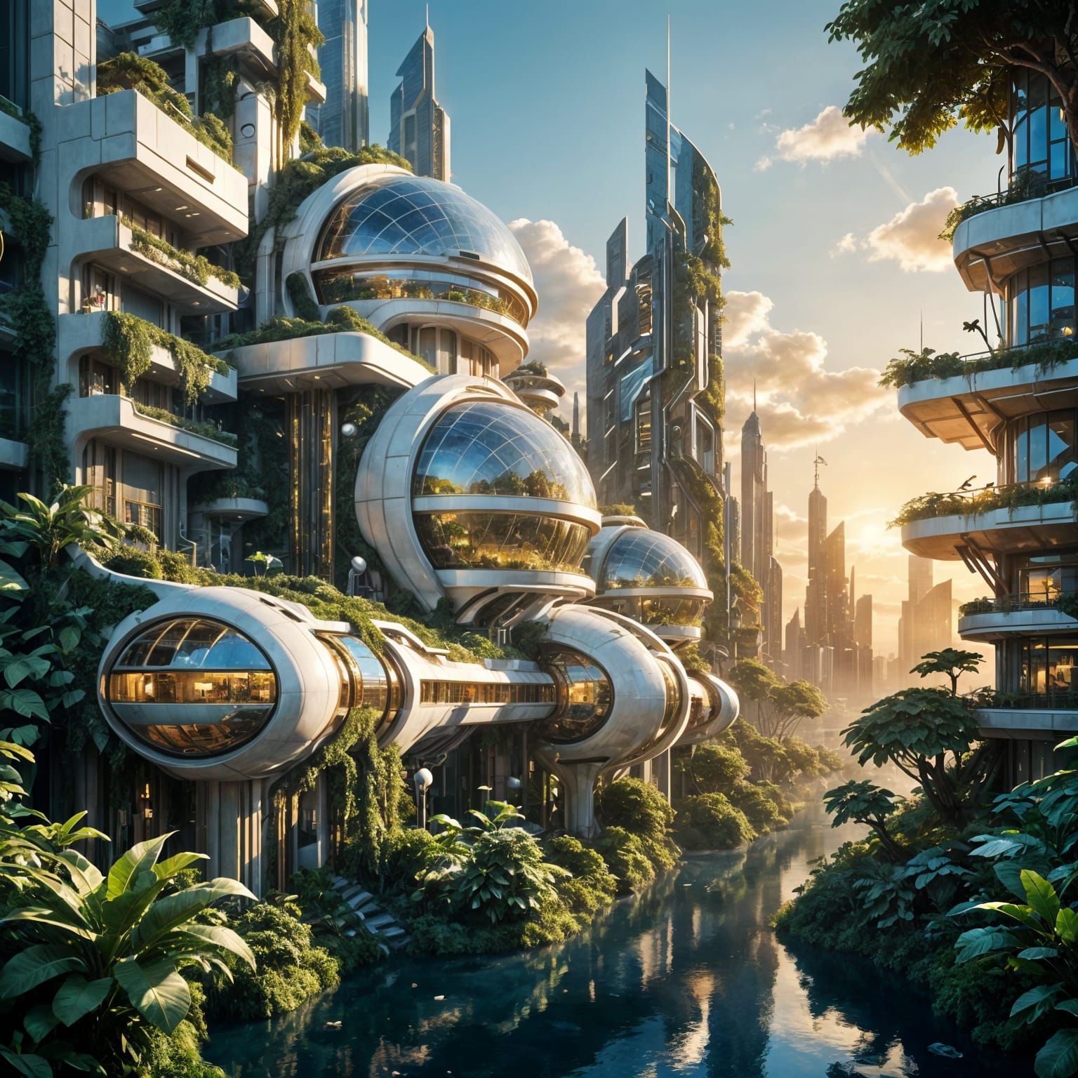 Solarpunk City of Elysium in Golden Hour