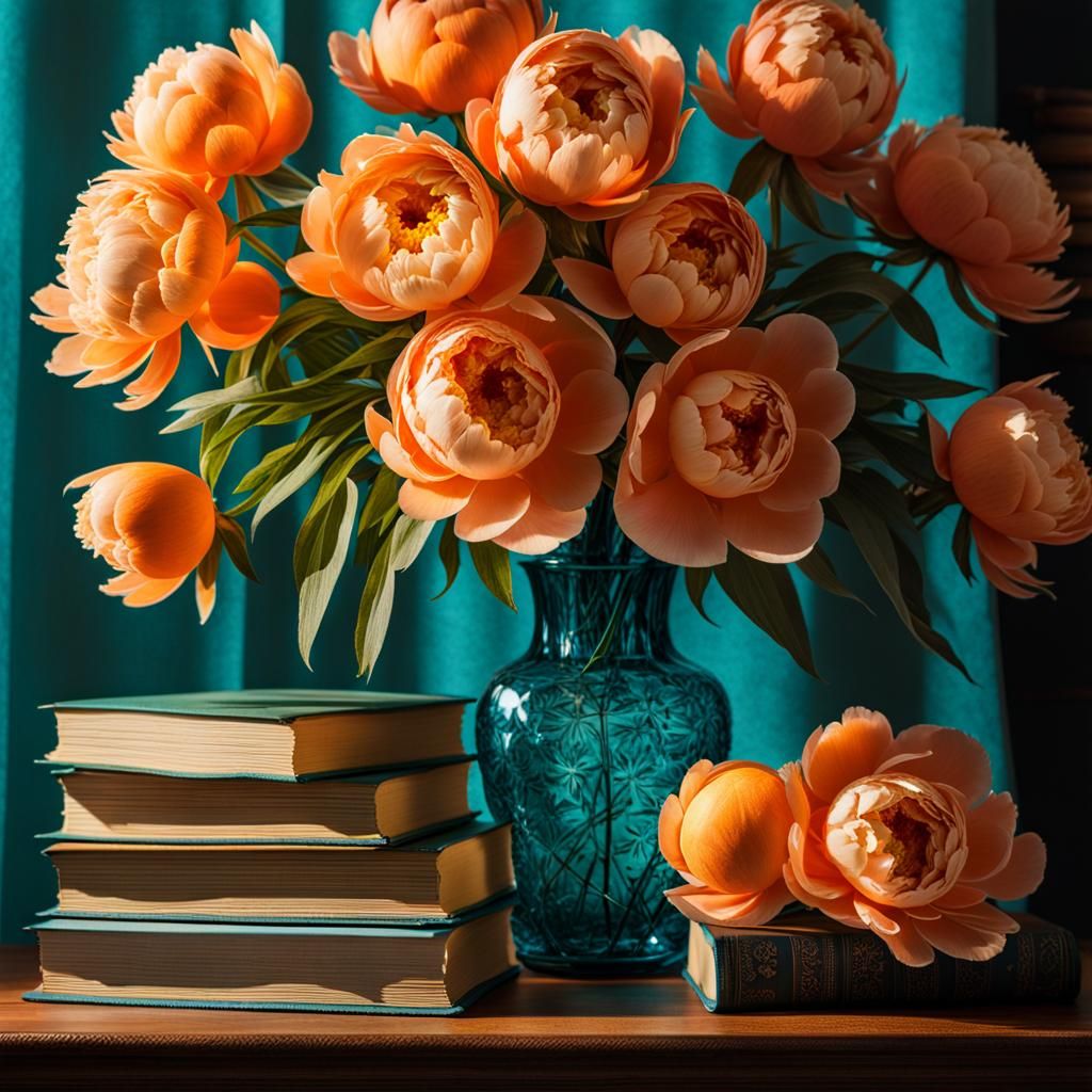 Psychedelic Peonies in Teal Vase Diorama