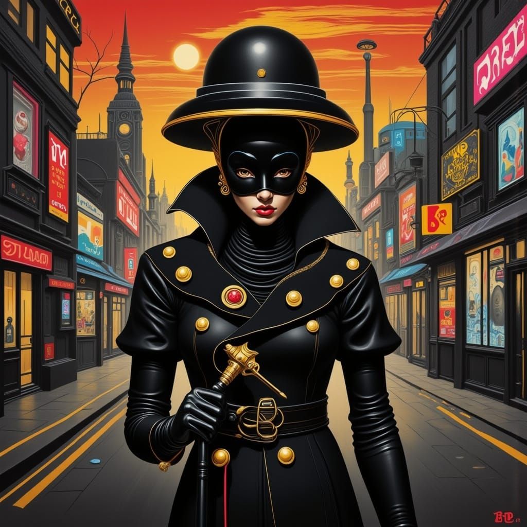 Heroic Woman in Neon Cityscape, Dark Chocolate Aesthetic